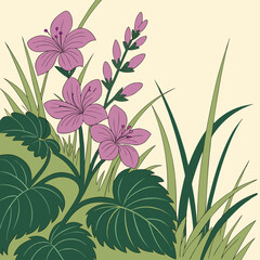 Pink flowers with green leaves and grass on cream background