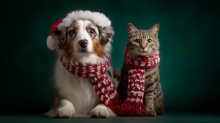 Portrait of Australian Shepherd dog wearing Santa hat and cat with red scarf against dark green background, concept for holiday greeting card, seasonal promotion and winter banner
