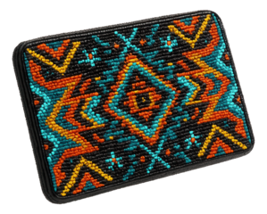 Colorful beaded wallet featuring a detailed tribal design.