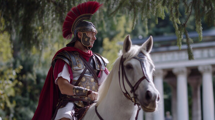 Obraz premium Faceless man in Roman legionary armor with red cape riding white horse, various close-up angles, historical reenactment footage, defocused ancient setting, with copy space