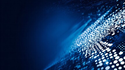 Dynamic digital information flow displays a complex abstract surface illuminated in deep blue tones