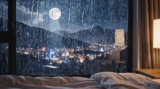 Cozy bedroom interior with rain on window and full moon over mountain city