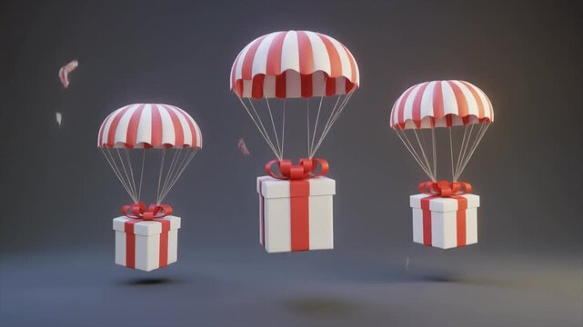 Red and white striped parachutes carrying gift boxes against a dark background with falling confetti