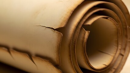 A roll of brown leather with a rough edge and a white background