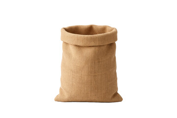 Minimalist burlap sack standing upright on a white background, featuring natural jute fabric texture and rustic appearance. Ideal for agriculture, storage, packaging, sustainability, and eco-friendly 