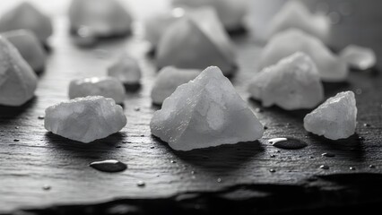 Black and white photo of small rough salt crystals on a dark wooden surface
