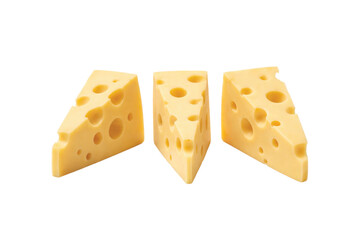 Three triangular cheese wedges with classic holes, isolated on a white background, representing dairy food, freshness, and culinary ingredients in a clean minimal style