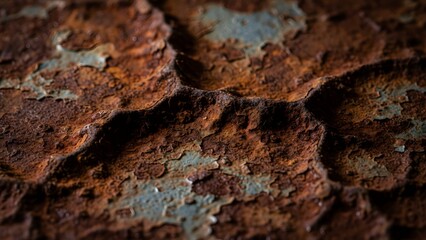 Closeup of rusty metal surface with peeling paint and corrosion, showing signs of wear and decay