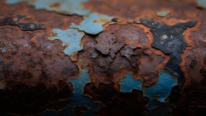 Closeup of rusty metal surface with peeling blue paint layers showing heavy corrosion and decay