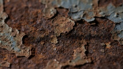 Closeup of rusty metal surface with peeling layers of corrosion and decay