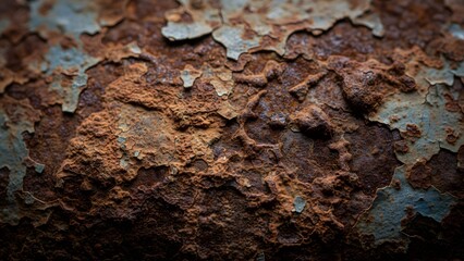 Closeup of rusty metal surface with peeling paint and corrosion