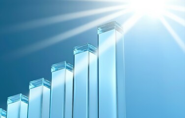 Translucent bar chart columns representing business growth and financial progress reaching towards a bright light. Copy space available