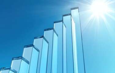 Glass bar chart showing rising data, representing success, financial performance, and upward trends against a bright blue sky