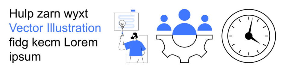 Business teamwork, productivity, management, scheduling, workflow, communication. Visuals include a presenter, gear with people icons and a clock. Teamwork and productivity concept