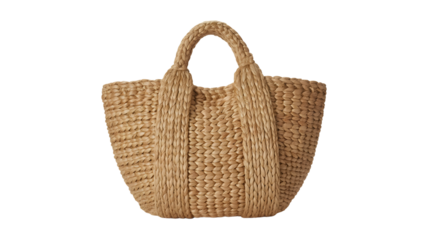 Stylish woven jute beach tote bag with chunky texture isolated on transparent background