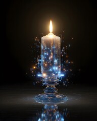 Luminous digital candle glowing with cyber reflections in a sleek futuristic holiday atmosphere