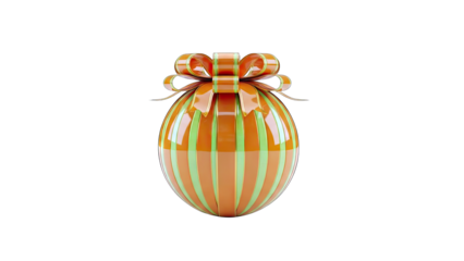Gift Ornament with Ribbon and Green Stripes on White Background