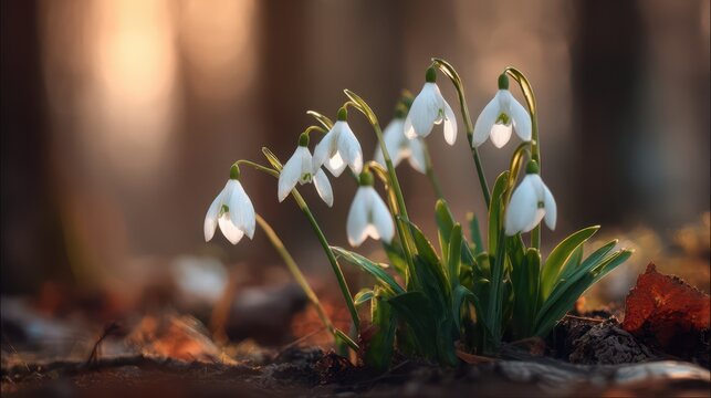 macro of snowdrop flowers in forest with blurred background