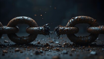 Rusty broken chain with one link shattered, dark minimal background, strong contrast lighting, concept of breaking limits, cinematic realism