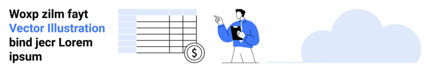 Financial management, data organization, digital storage, finance reporting, cloud computing, economic planning. Graphic showing tables, currency symbol and person with a clipboard. Financial