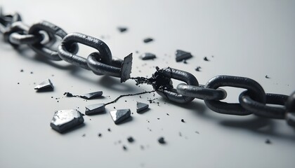 Broken metal chain lying on a clean white background, snapped links in focus, symbol of freedom and strength, dramatic lighting, high detail, photorealistic