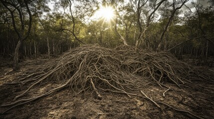 Dried vines and thorny branches intertwined in forest sunlight
