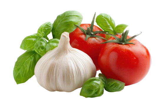tomatos, basil leaves and garlic bulb. red, green and white italian kitchen vegetables isolated on white or transparent png