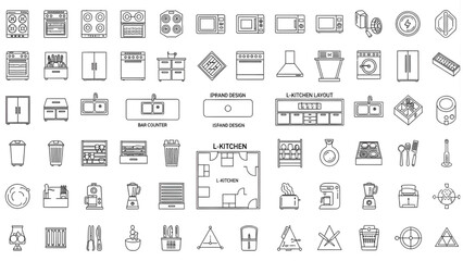 50 Clean Architectural Kitchen Symbols 2D Line Art Icons