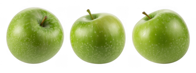 Three green apples with white spots fruit healthy isolated on a transparent background