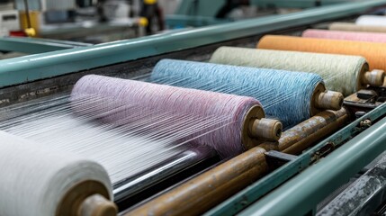 Close-up of spools with multi-colored thread being processed through industrial machinery. Focusing on the colors, textures, and the process itself