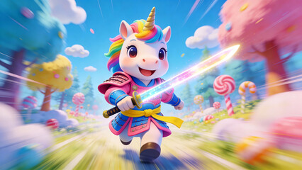 Fototapeta premium A cute rainbow-maned unicorn samurai dashes through a whimsical candy forest with lollipop trees and fluffy clouds, wielding a glowing sword in vibrant colors