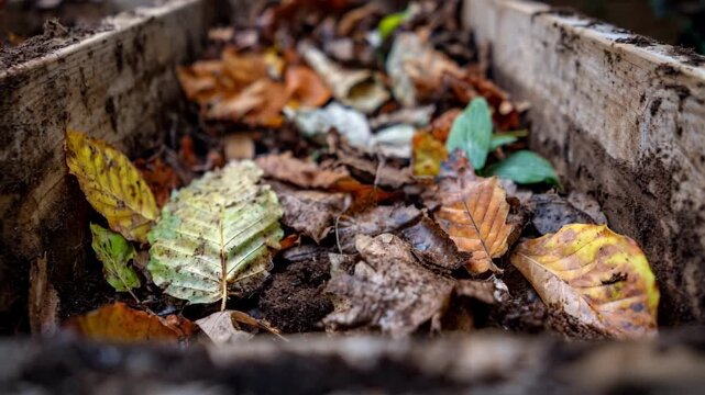 Closeup on leaf mold compost layers in a bin highlighting natural decomposition and moisture retention in fall foliage.