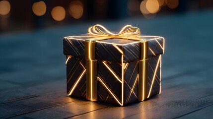 Luxurious gift box wrapped with glowing neon lines and warm festive reflections in a futuristic holiday concept