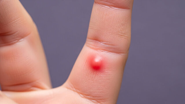 Close up of a painful red blister on a human finger