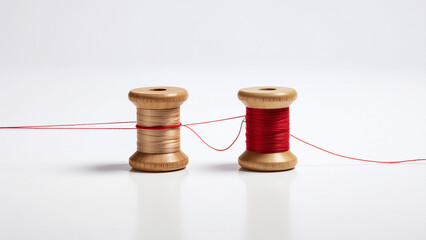 Conceptual Connectivity: Single Red Thread Connecting Two Vintage Wooden Spools