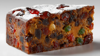 Fototapeta premium Traditional Christmas Plum Cake Piece with Nuts and Dried Fruits on Clean White Background