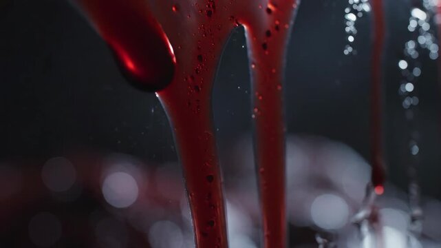 Red liquid dripping slowly in dark atmosphere, creating a mysterious and eerie ambiance. Ideal for horror video themes, enhancing tension and suspense in visual storytelling.