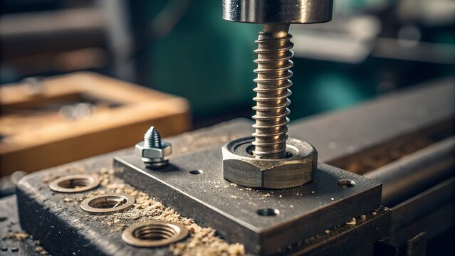 Industrial Metal Lead Screw and Nut Assembly in Mechanical Apparatus with Metal Shavings and Workshop Background