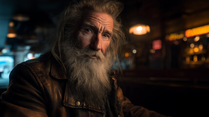 Fototapeta premium Portrait of an old man with a long beard, wearing a weathered leather jacket, in a dimly lit bar, cinematic lighting