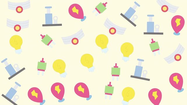 Creative innovation process with light bulbs and gears icons on seamless pattern background, graphic design, flat vector illustration, colorful concept