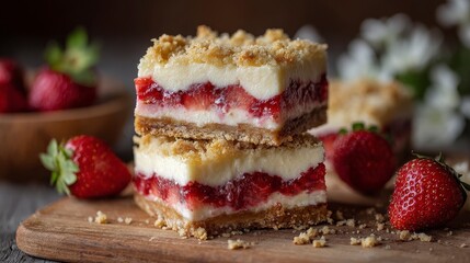 Close-up of stacked strawberry crumble bars, showcasing layers of fruit, creamy filling, and golden crumble. Wooden board & fresh strawberries
