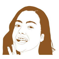 A minimalist monochrome vector illustration shows a smiling woman with long hair, expressive eyes, and hand near her face, drawn in clean brown line art on white.