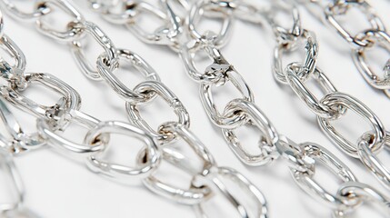 Gleaming silver stainless steel chains with interlocking links forming a textured pattern on a bright white background