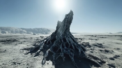 Gnarled petrified root system exposed in arid barren landscape under hazy sunlight