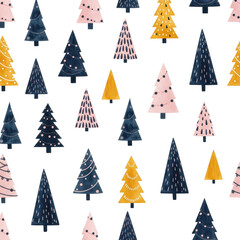 Obraz premium Abstract watercolor christmas trees organized in a dense repeating seamless pattern, featuring navy blue, blush pink, and mustard yellow on crisp white. Sophisticated modern holiday atmosphere