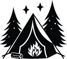 Camping tent with bonfire silhouette vector illustration.