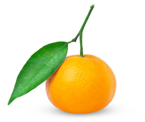 Fresh mandarin, tangerine, orang or clementine citrus fruit with a branch and green leaf isolated.
