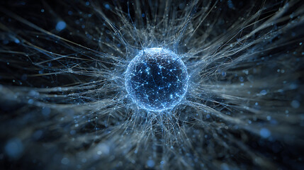 Glowing blue neural network sphere with radiating fibers abstract futuristic