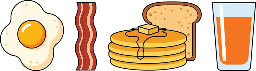 Flat illustration collection of 5 breakfast foods fried egg bacon strip slice of toast pancakes stack and orange juice glass