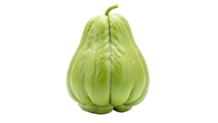 Single light green chayote squash with stem on black background vegetable